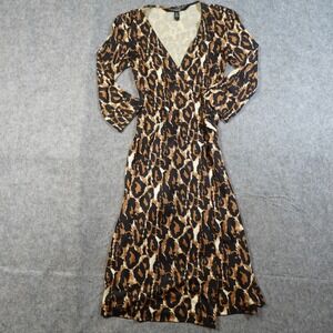 Diane Von Furstenberg Dress Womens 2 Animal Print Silk Wrap Midi Brown Black DVF